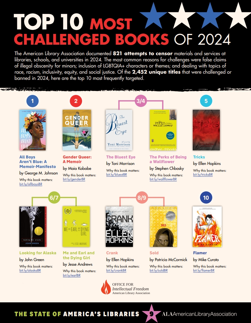 Image of infographic about the most challenged books of 2024