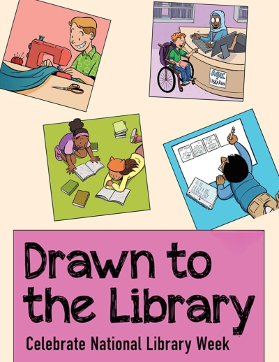 Flyer with drawings of people doing different library activities