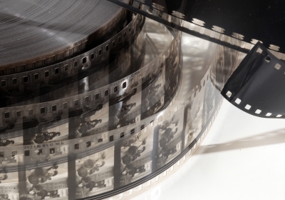 Image of a black and white video film reel