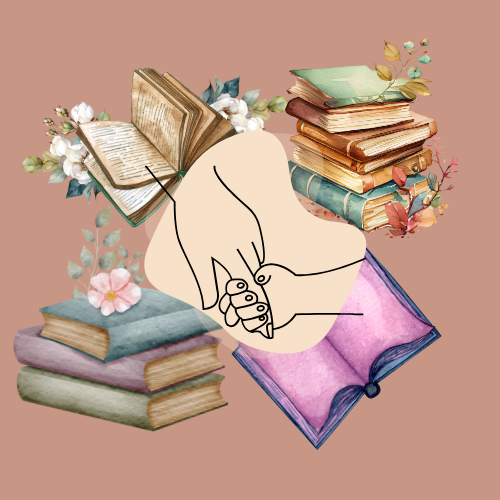 Image of different books with two hands holding