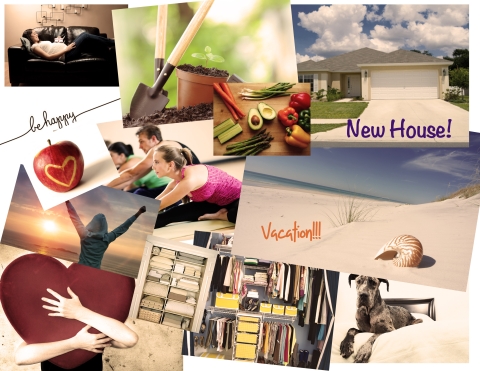 Photo of a finished vision board: a selection of photos outlining goals