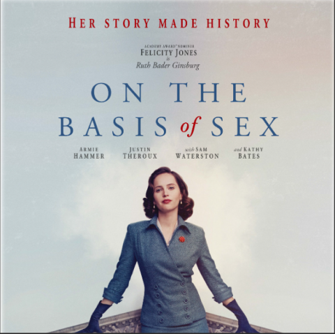 photo of a woman in business suit leaning on a car, movie poster for on the basis of sex movie