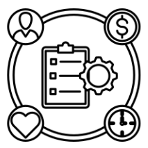 Photo with picture of a list, plus person, dollar sign, heart, and clock icons