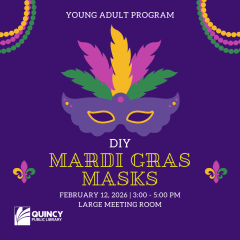 A graphic depicting a feathered Mardi Gras mask advertising a craft for creating your own Mardi Gras mask.