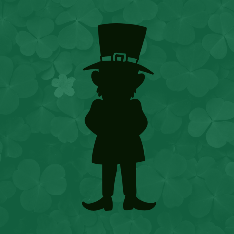 The silhouette of a leprechaun wearing a top hat in front of a background of green shamrocks.