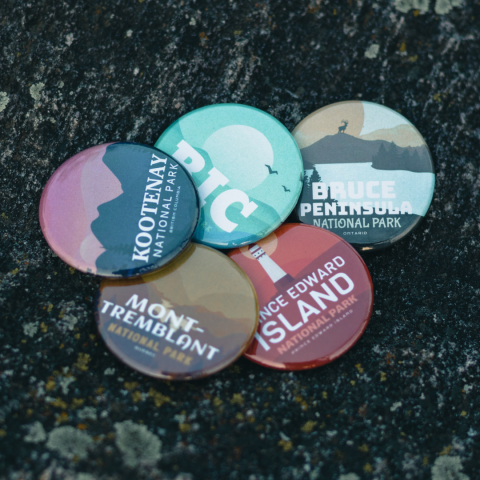 A photo of buttons and pins depicting the United States National Parks names.