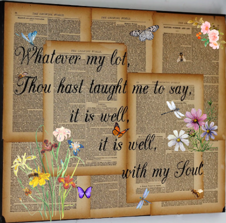 A poster made with book pages and painted flowers and insects