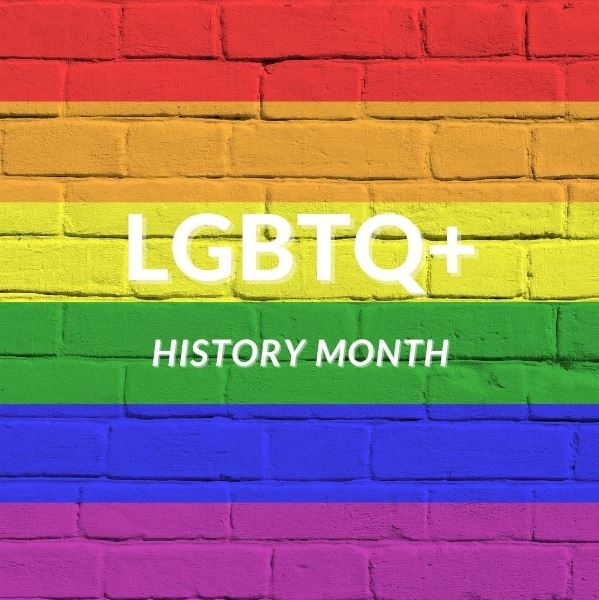 bricks painted rainbow with LGBTQ+ history month words