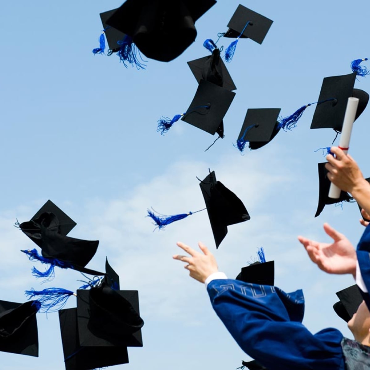 Image of graduation caps being thrown in the air.