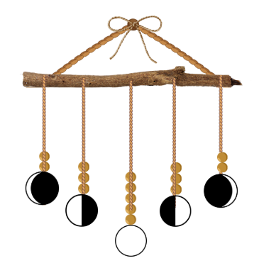 photo of crescent, half, and full moons hanging from a twig with twine