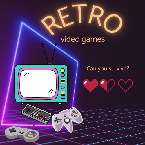 Image of neon background and old video game consoles