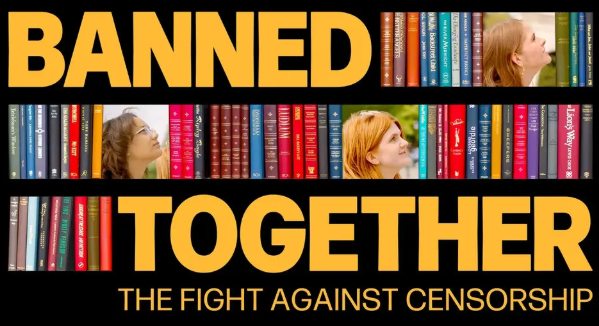 photo of full bookshelves with teens' heads and the words banned together