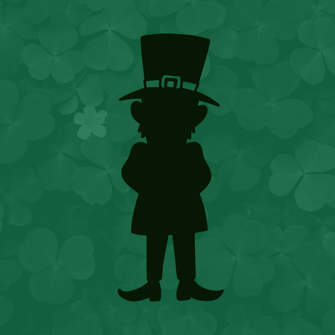 The silhouette of a leprechaun wearing a top hat in front of a background of green shamrocks.