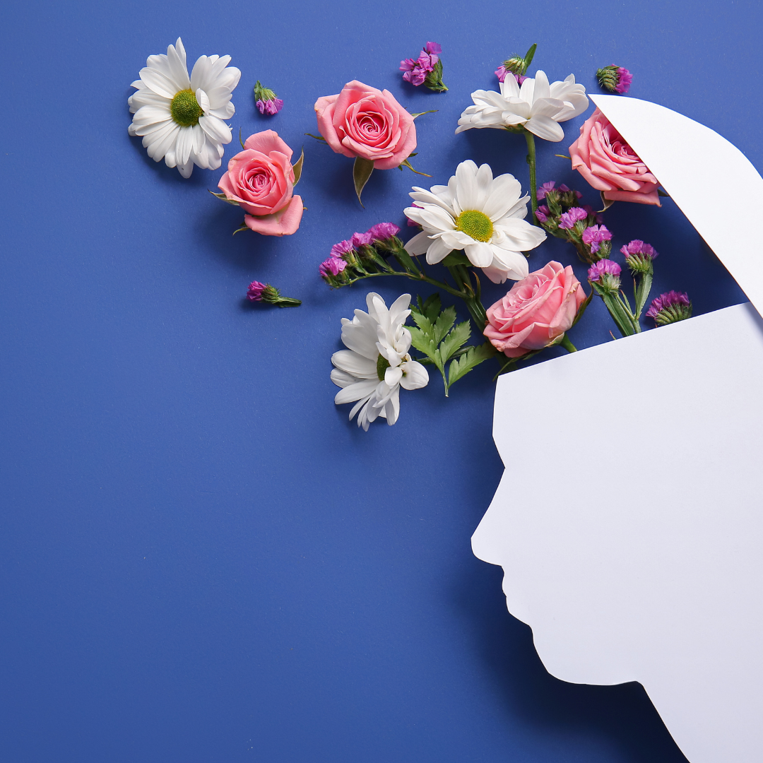 A photo of a mind opening up to show flowers, signifying mental health.